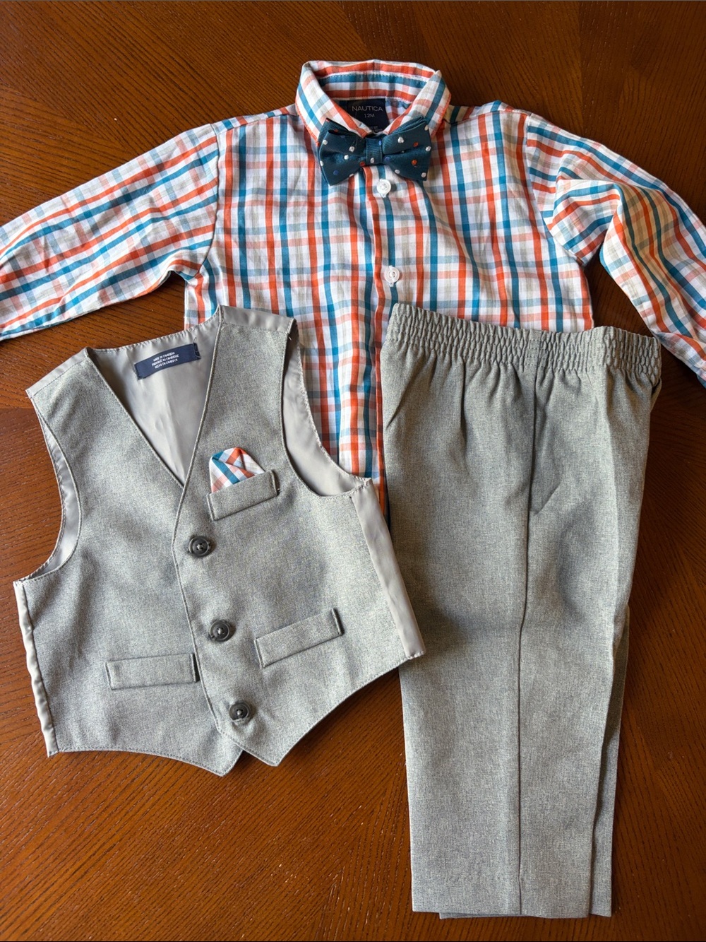 Nautica Boys Plaid Shirt Set with Navy Bow Tie and Gray Vest & Pants
